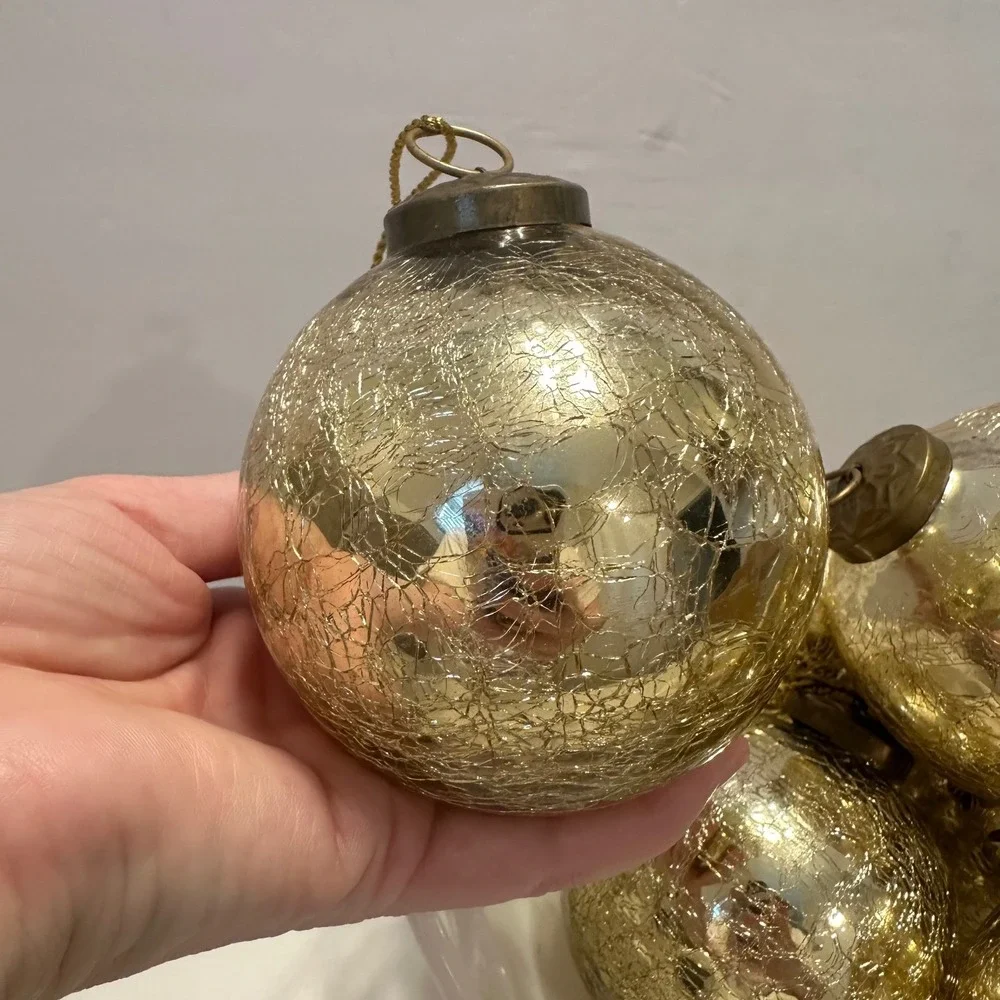 Restoration Hardware Gold Crackle Glass Ball Christmas Ornaments Set of 6 3.5in